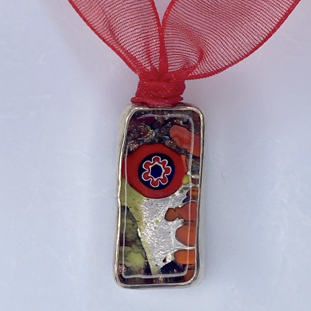 Murano Glass pendant Sterling silver rectangle Small Red